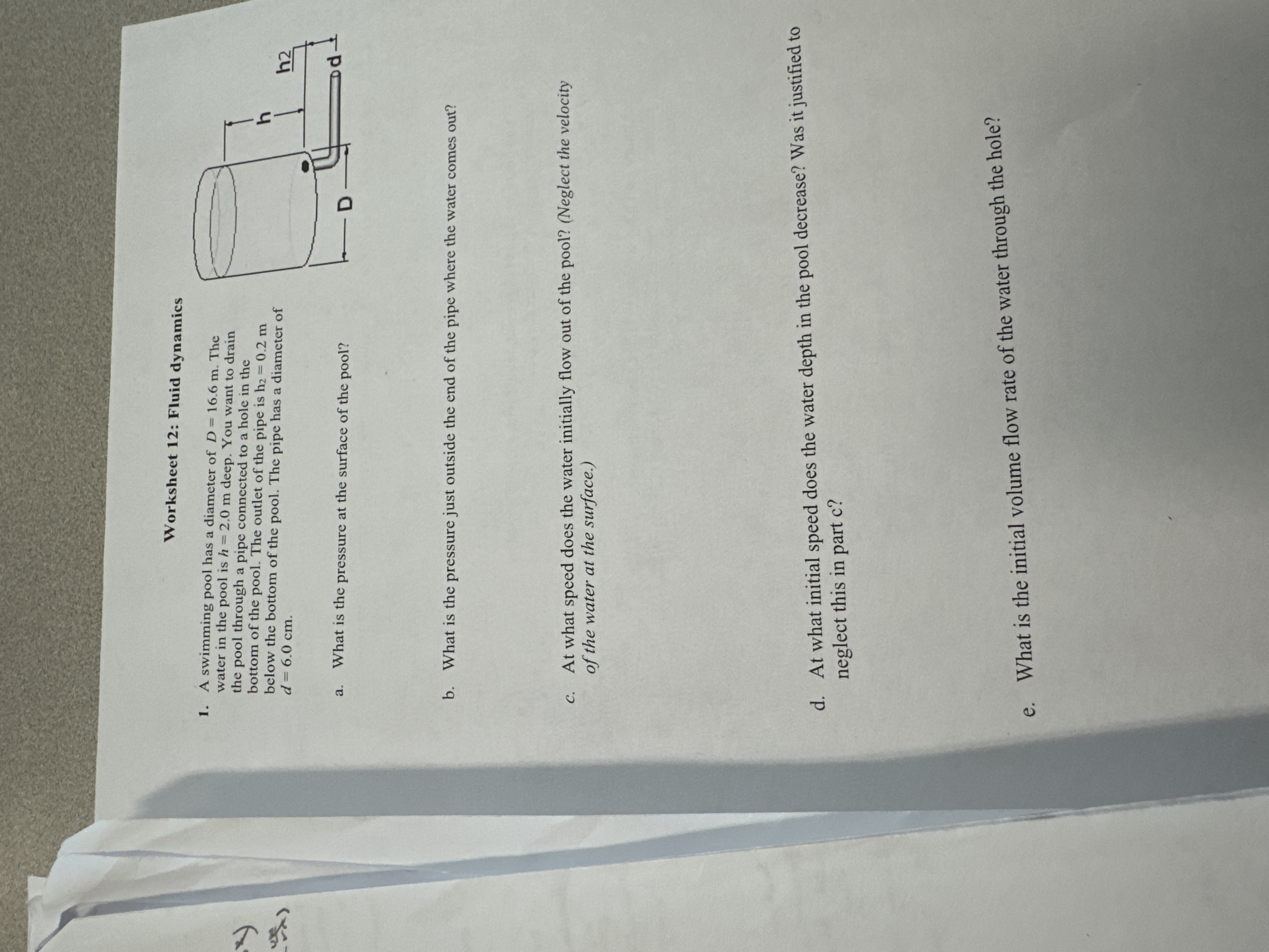 Worksheet 12: Fluid dynamics 1. A swimming pool