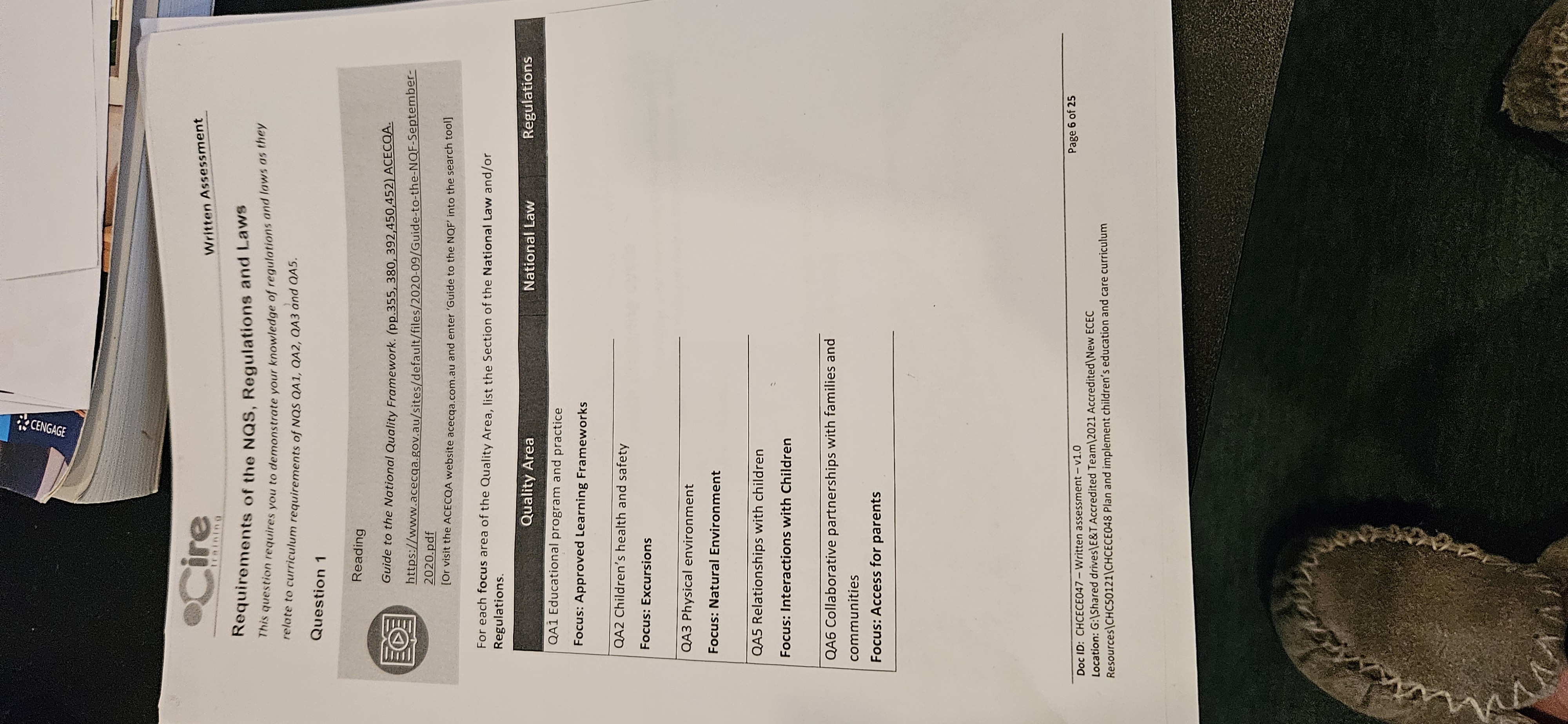 CENGAGE .Cire Written Assessment Requirements of