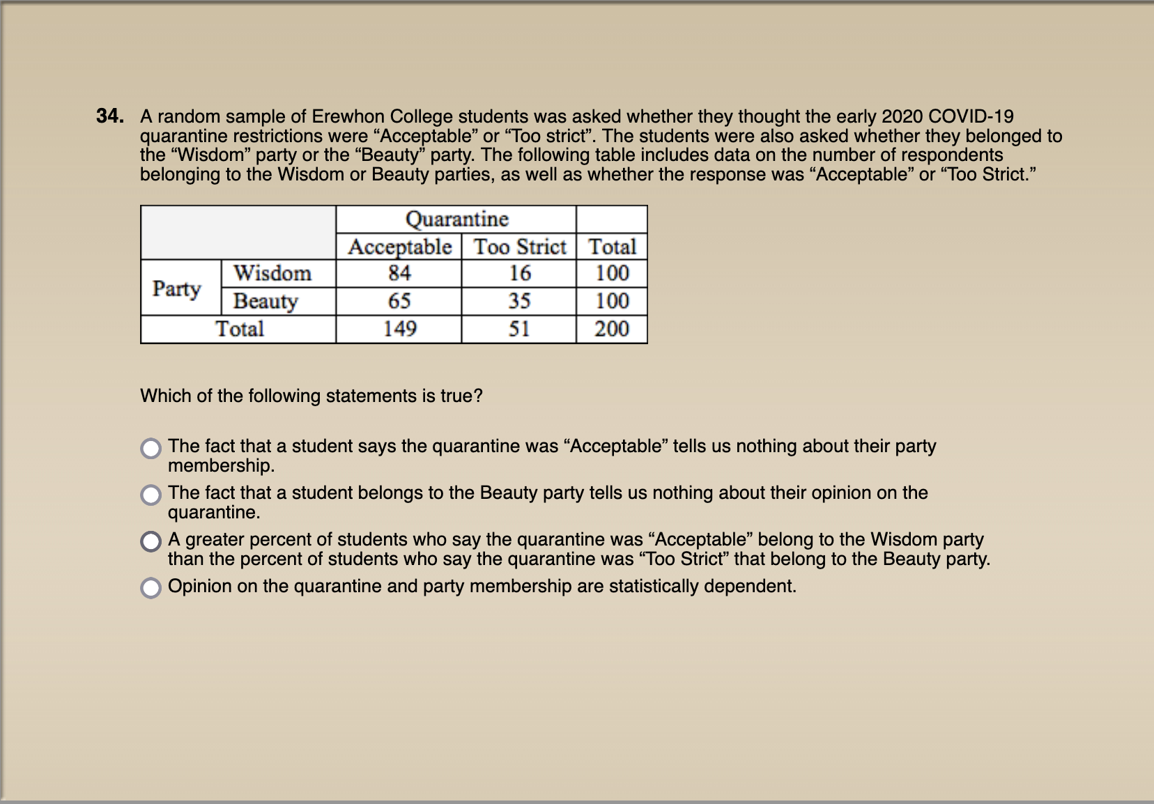 34. A random sample of Erewhon College students