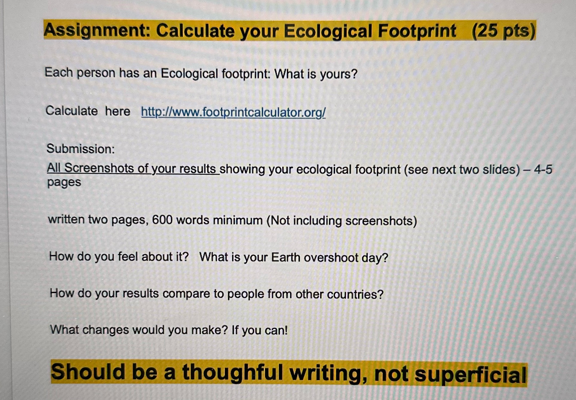 Assignment: Calculate your Ecological Footprint