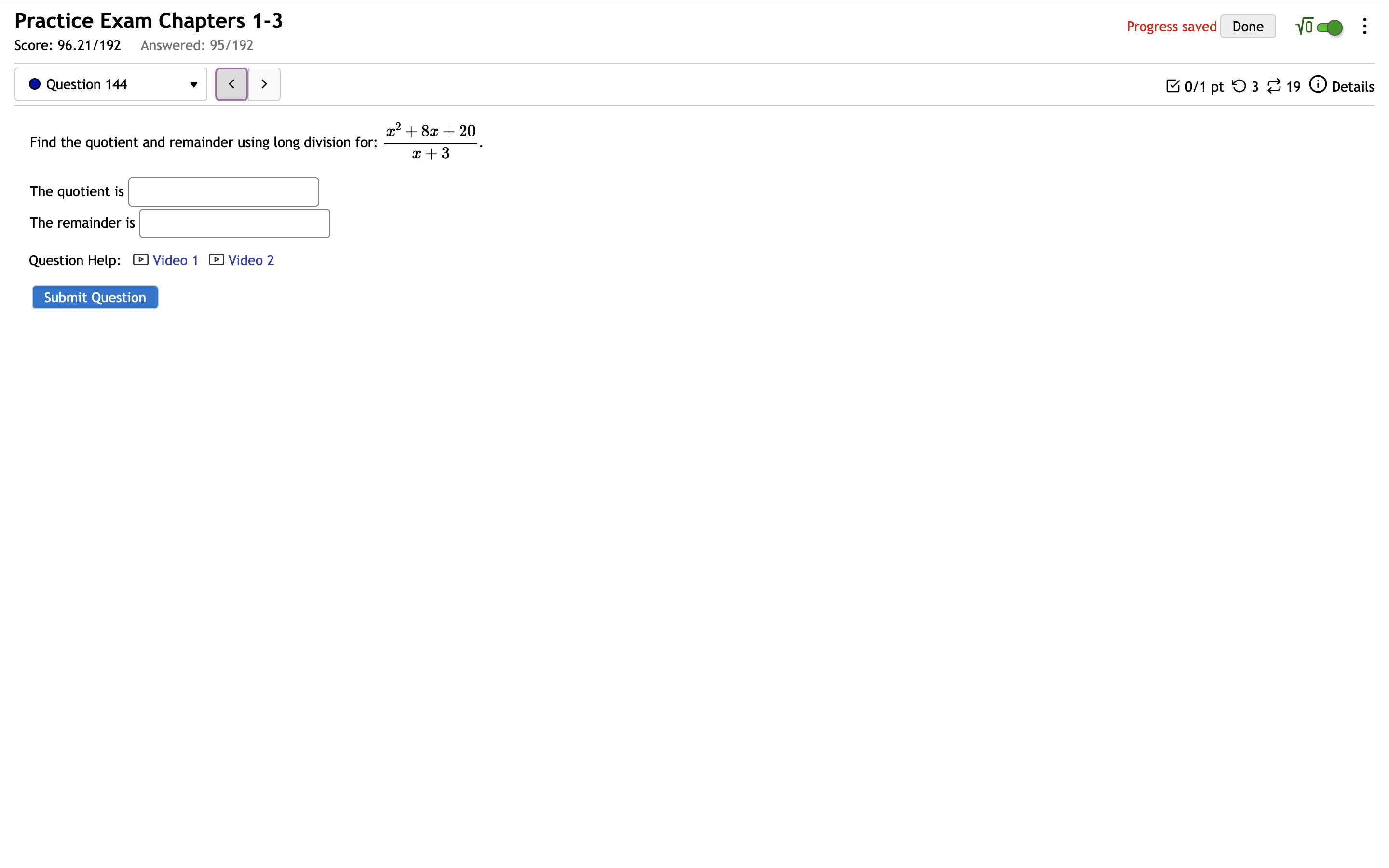 solve Practice Exam Chapters 1-3 Progress saved