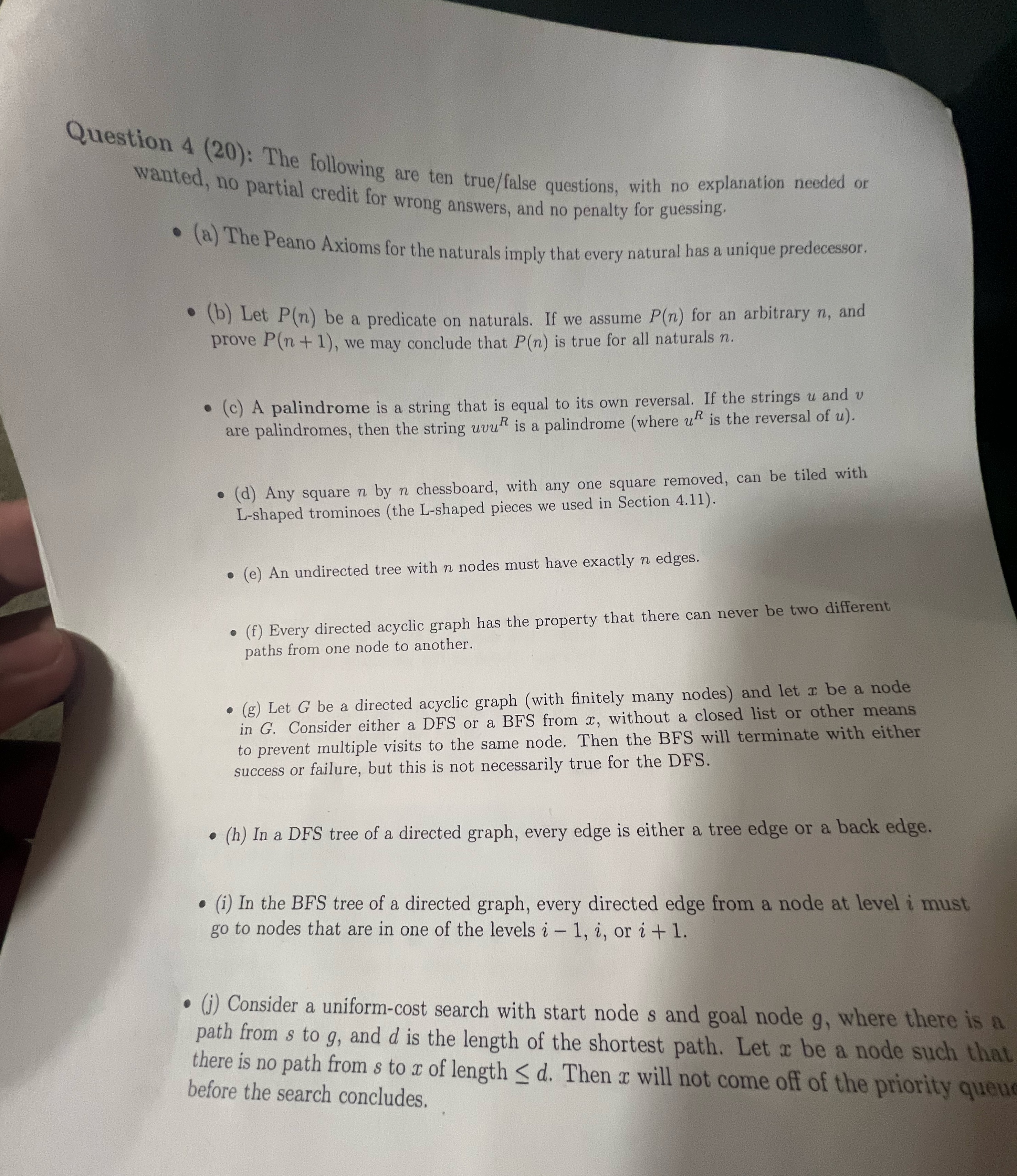 Question 4 (20): The following are ten true/false