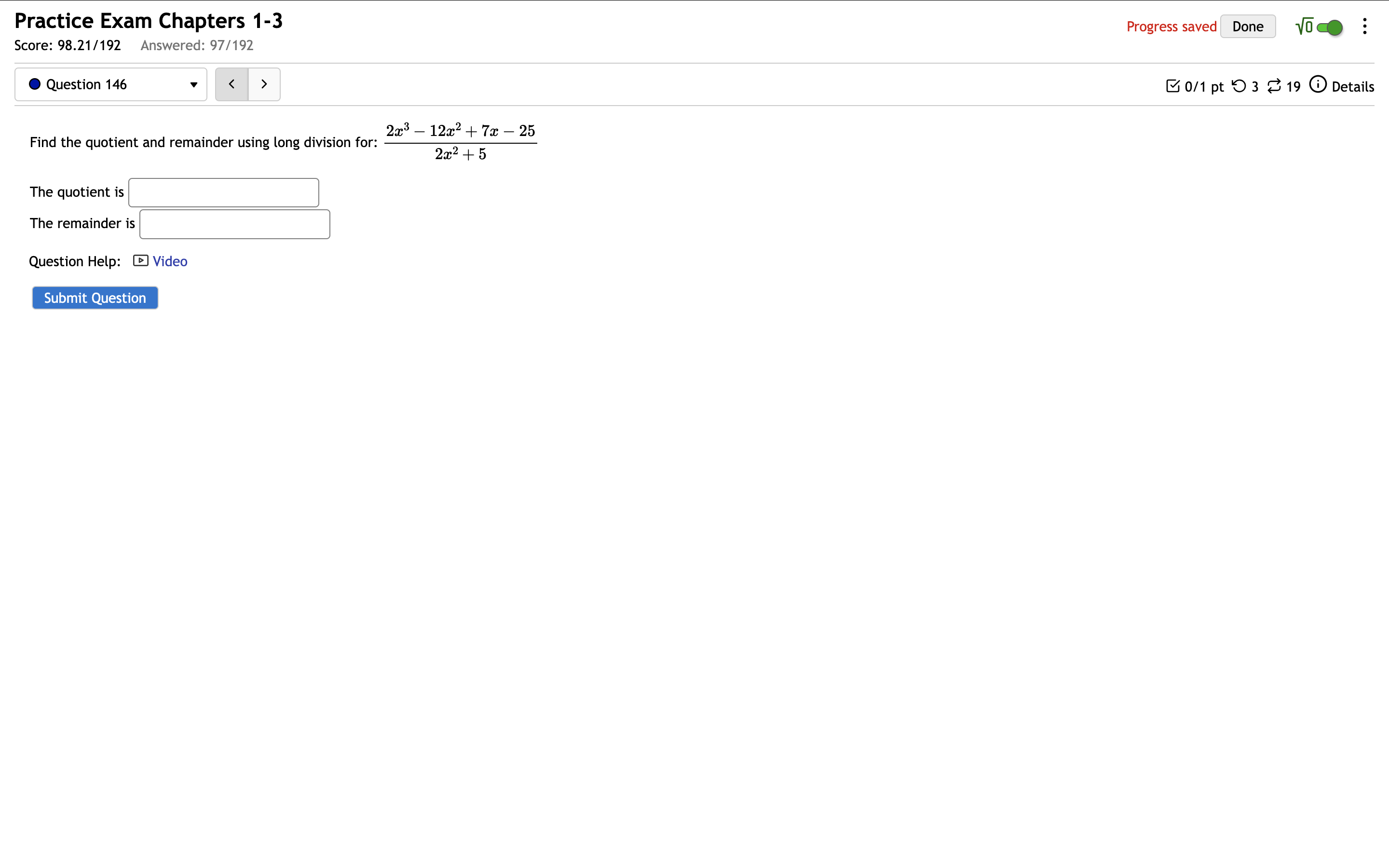 solve Practice Exam Chapters 1-3 Progress saved