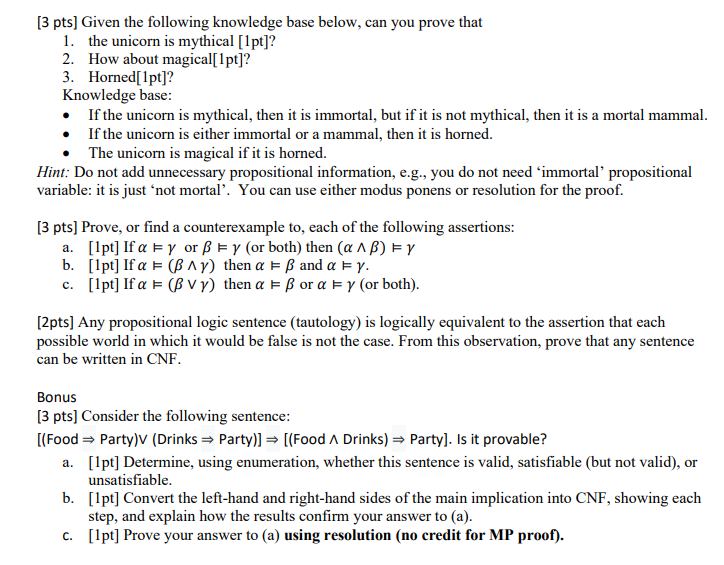 [3 pts] Given the following knowledge base below,