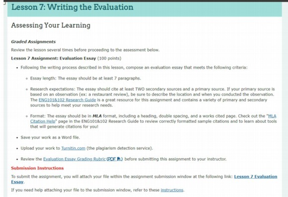 Lesson 7: Writing the Evaluation Assessing Your