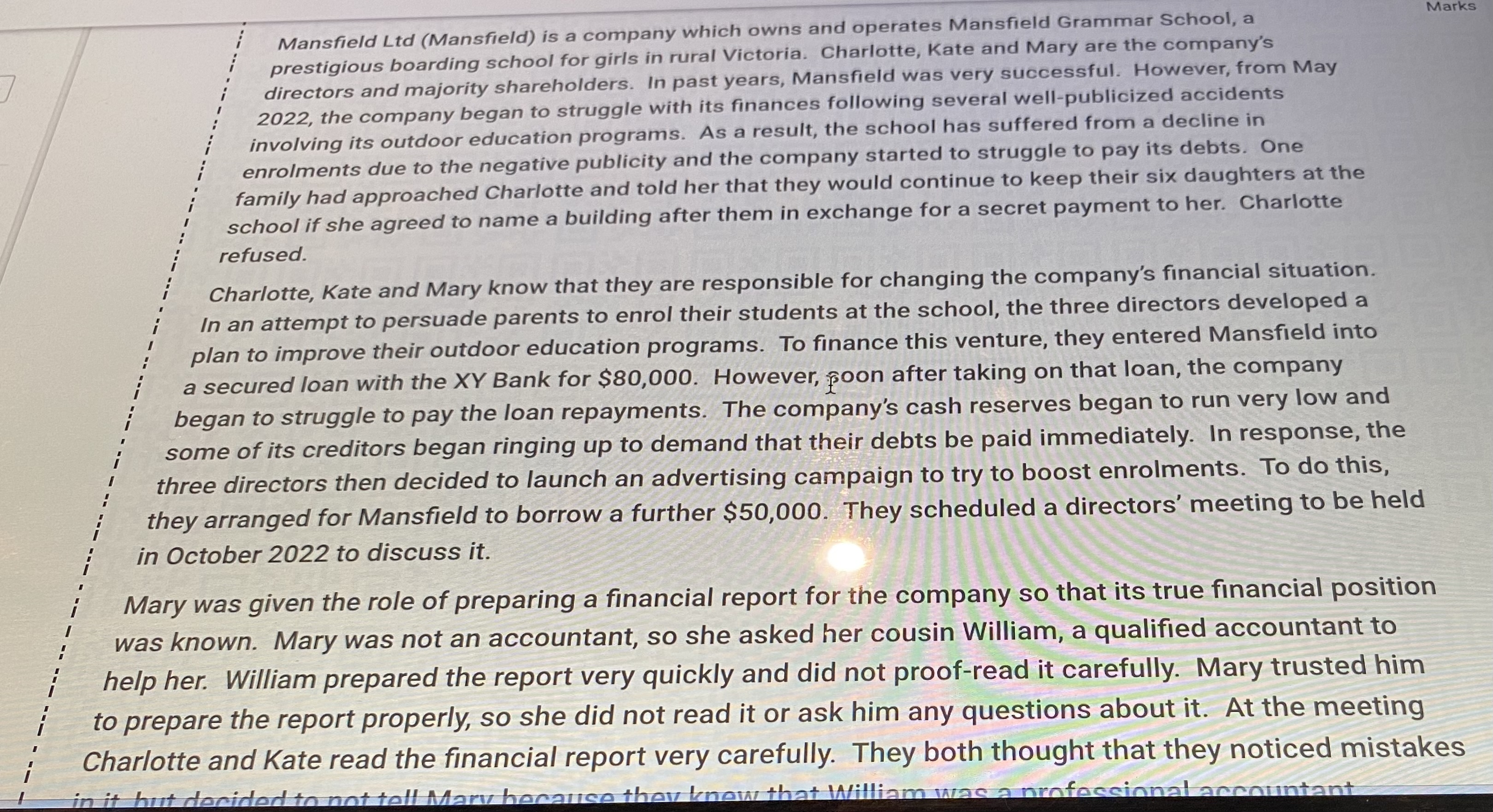 Mary was given the role of preparing a financial