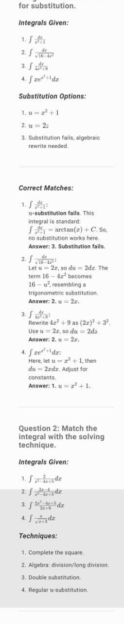 Question 1 3.75 / 5 points Match the integral