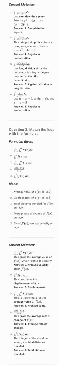 Question 1 3.75 / 5 points Match the integral
