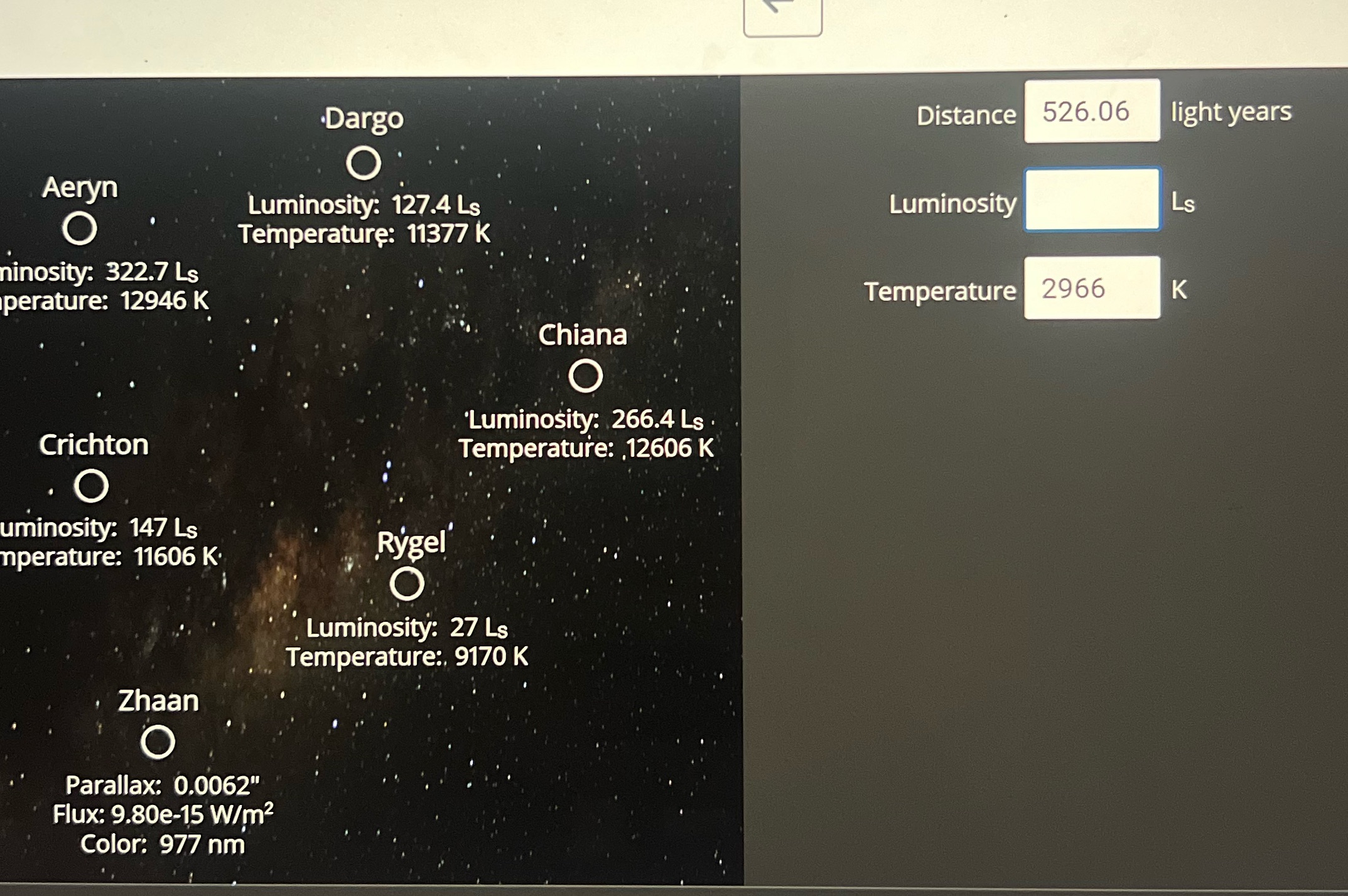 calculate luminosity of ZHAAN. Distance and