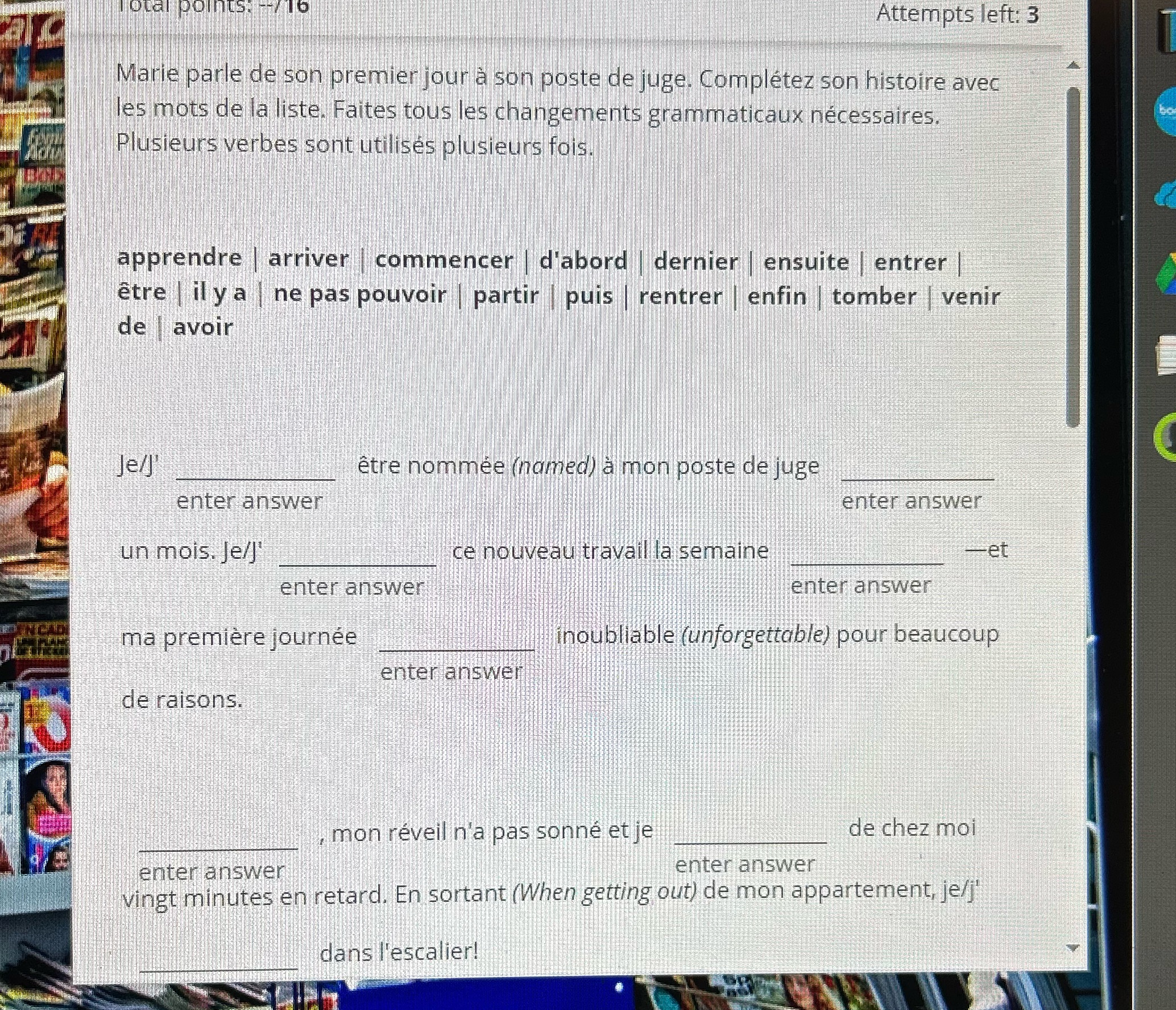 Attempts left: 3 Marie parle de son premier jour