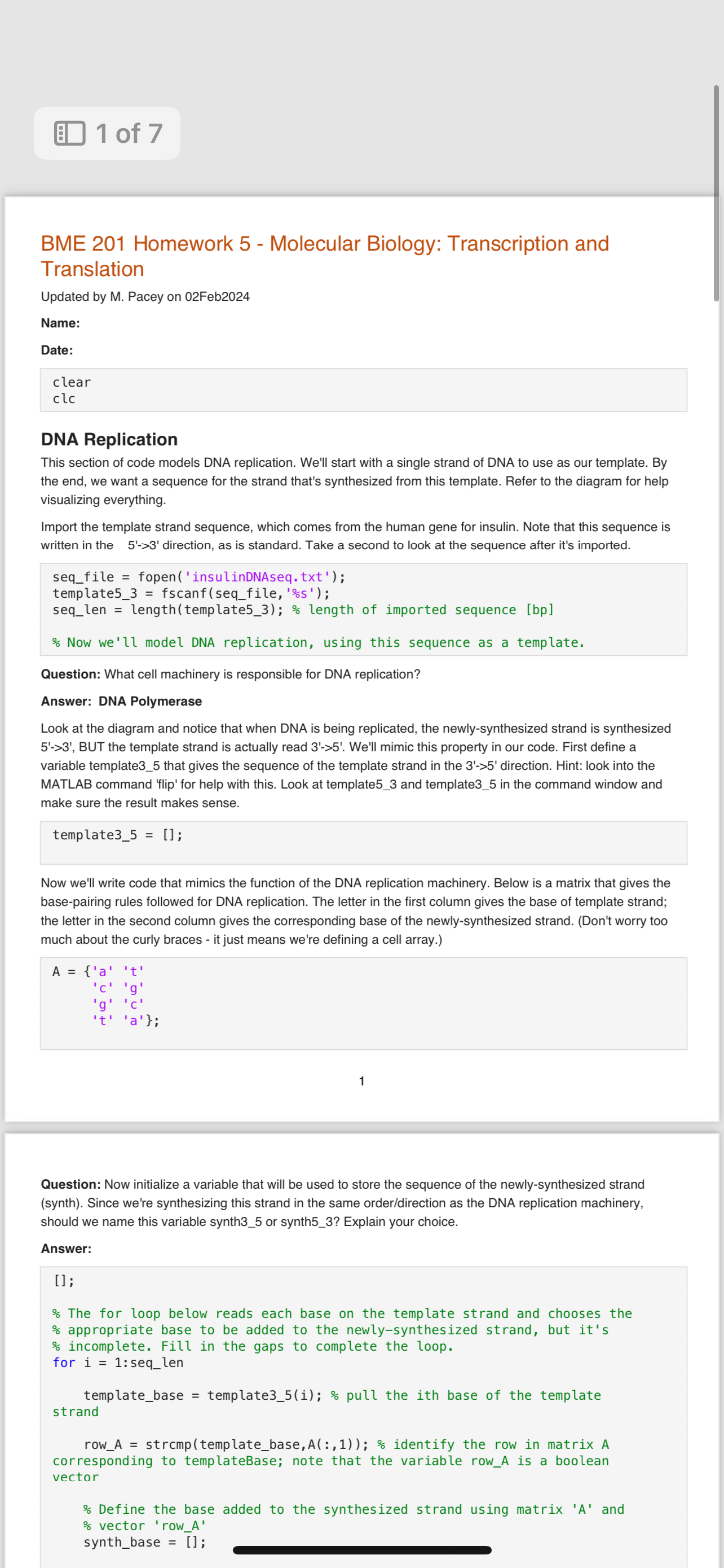 BME 201 HOMEWORK 5 - How to fix the code for DNA