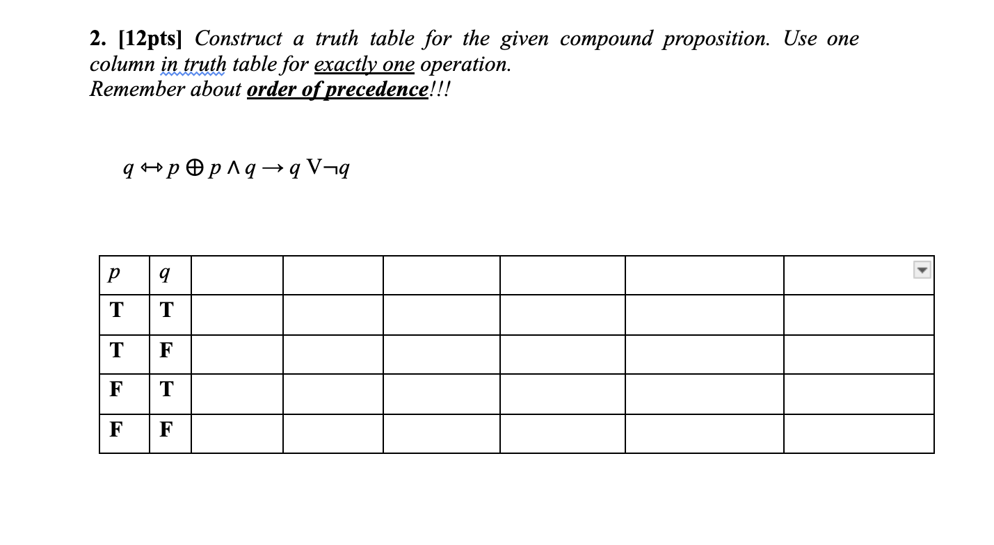 2. [12pts] Construct a truth table for the given
