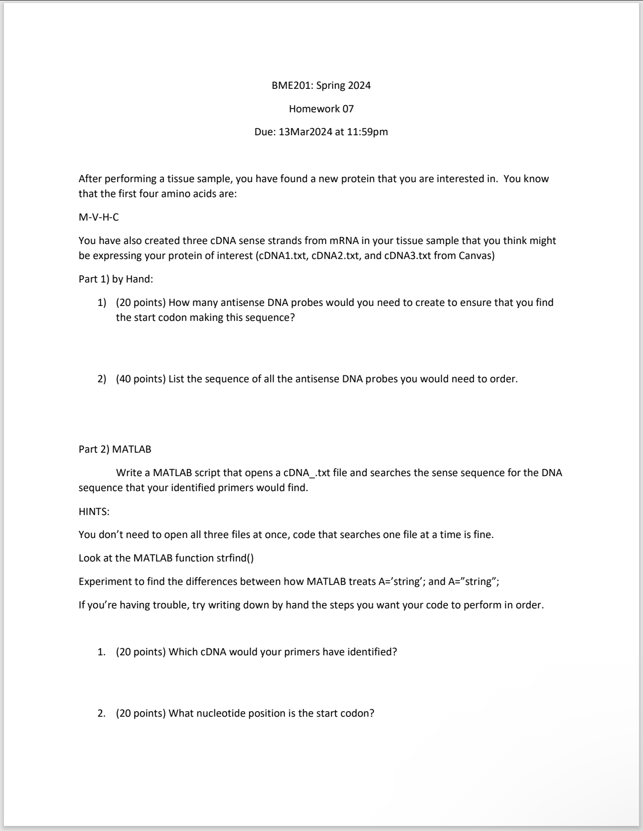 Hello, I am confused with this BME 201 homework.