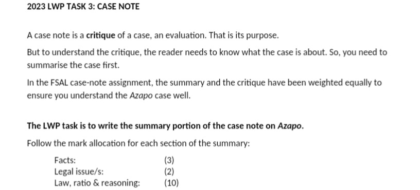 2023 LWP TASK 3: CASE NOTE A case note is a