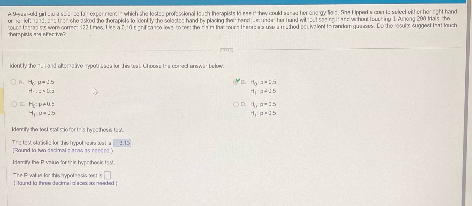 Find the p-value, null conclusion and final