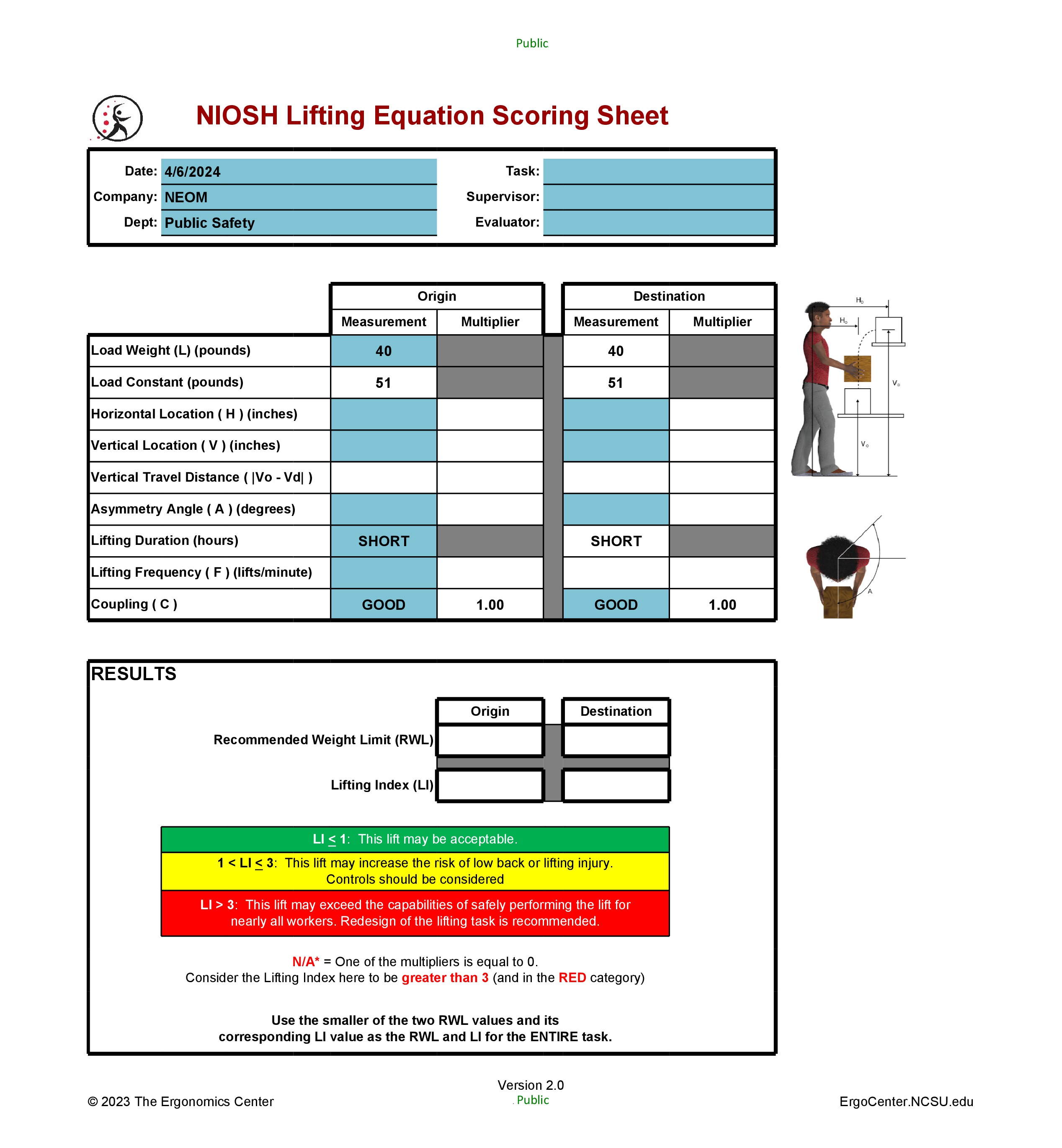 Public NIOSH Lifting Equation Scoring Sheet Date: