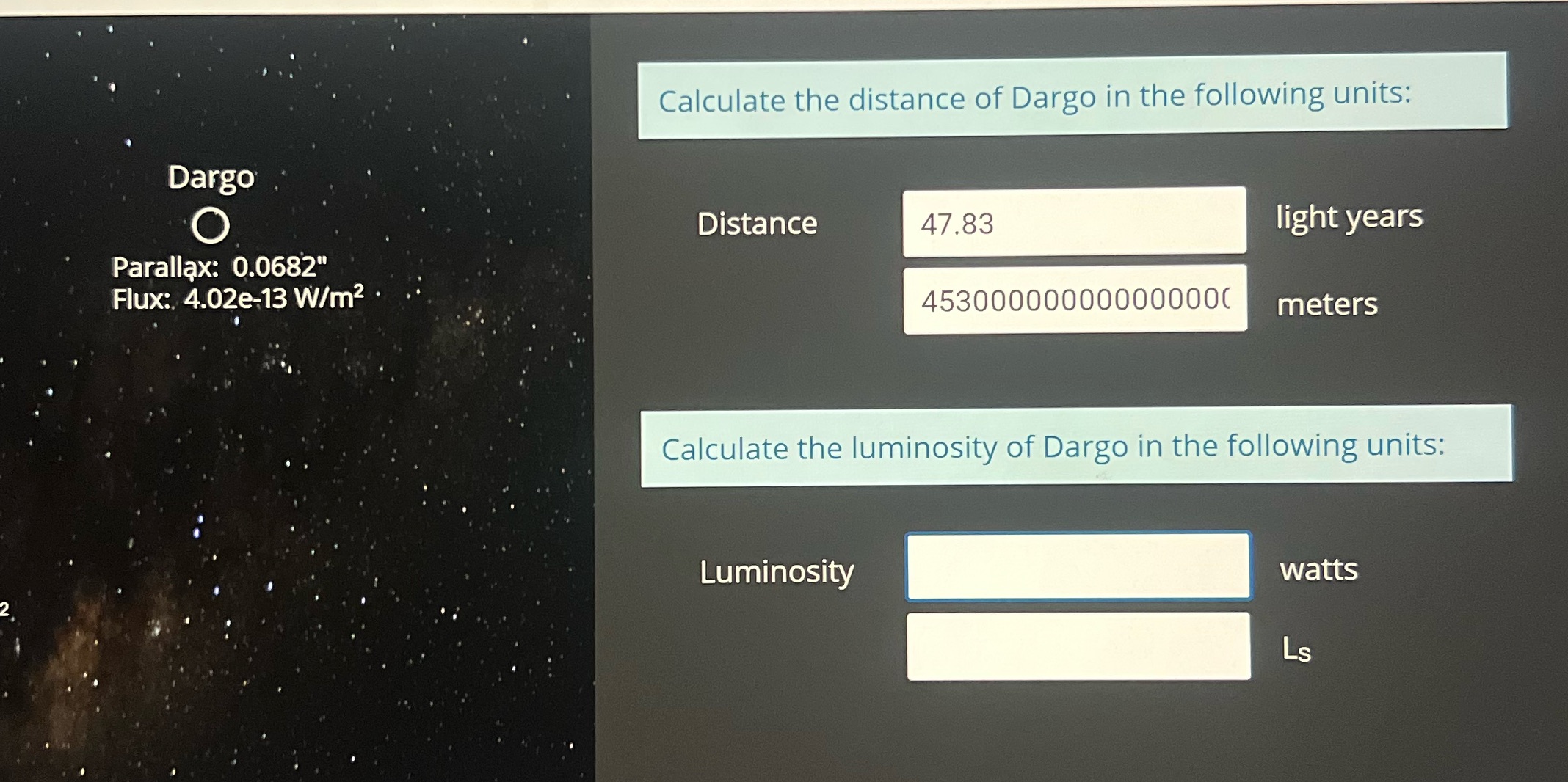 calculate luminosity of dargo in watts and Ls.