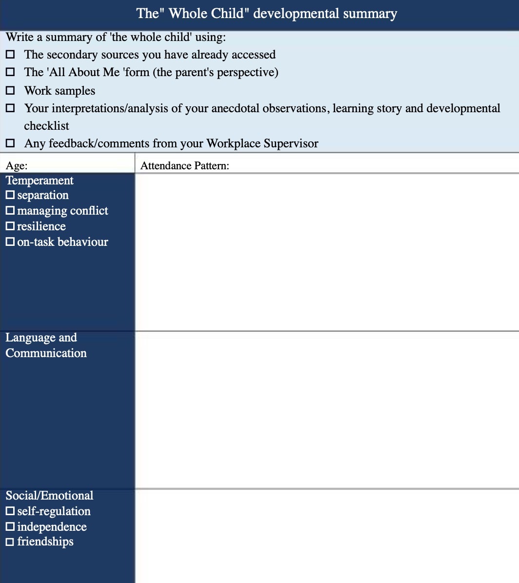 The" Whole Child" developmental summary Write a