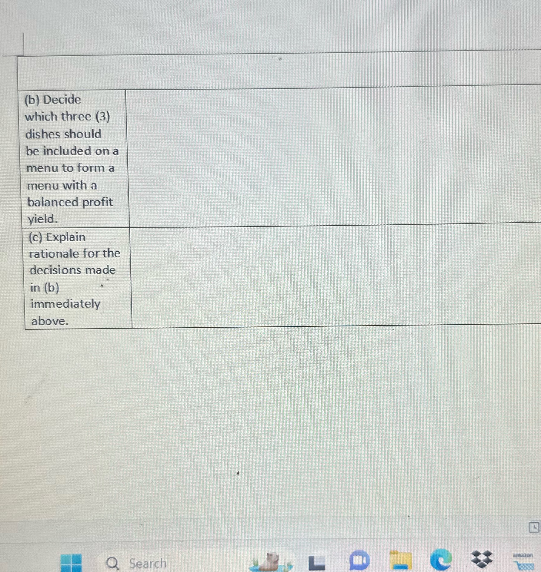 (b) Decide which three (3) dishes should be