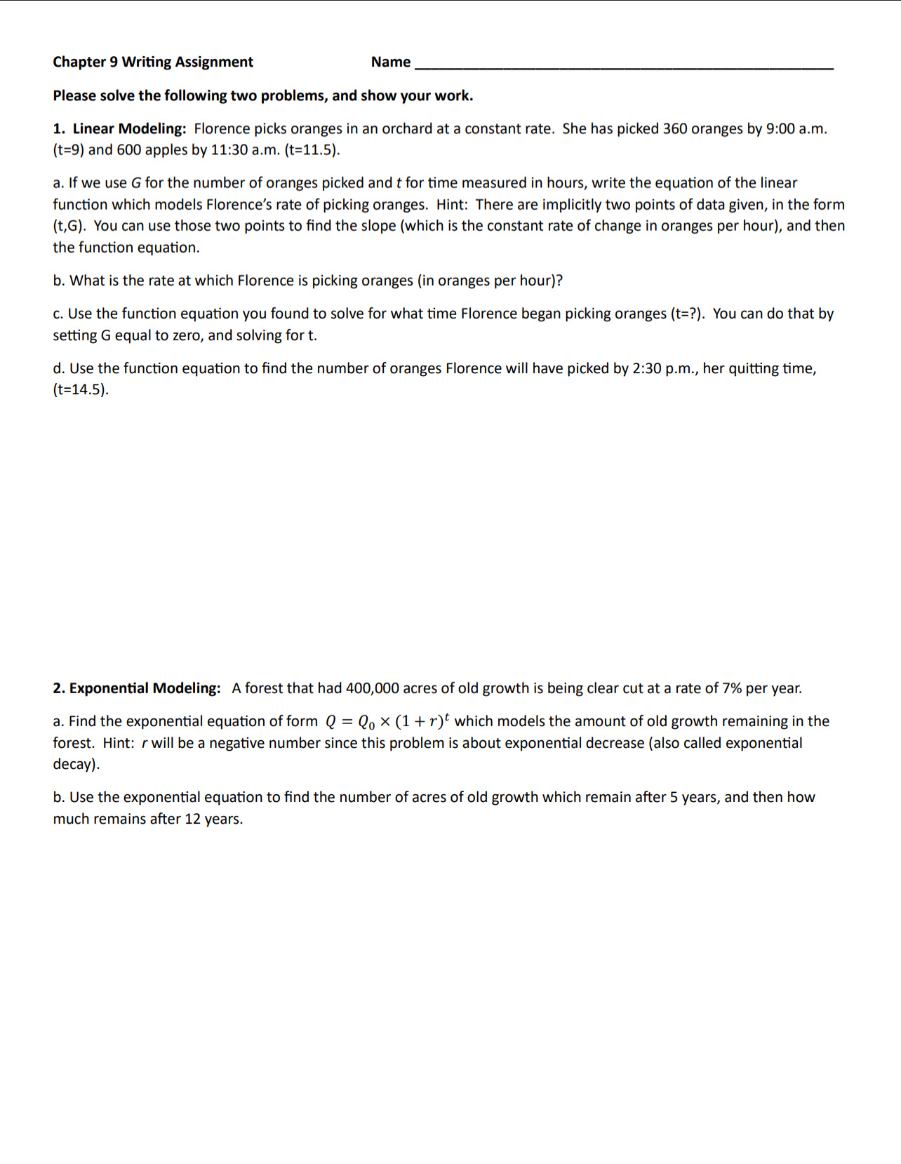 Chapter 9 Writing Assignment Name Please solve