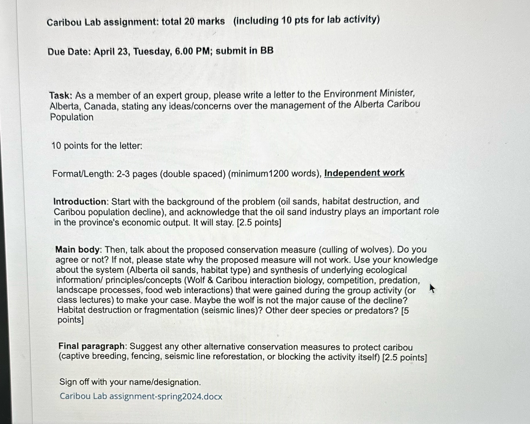 Caribou Lab assignment: total 20 marks (including