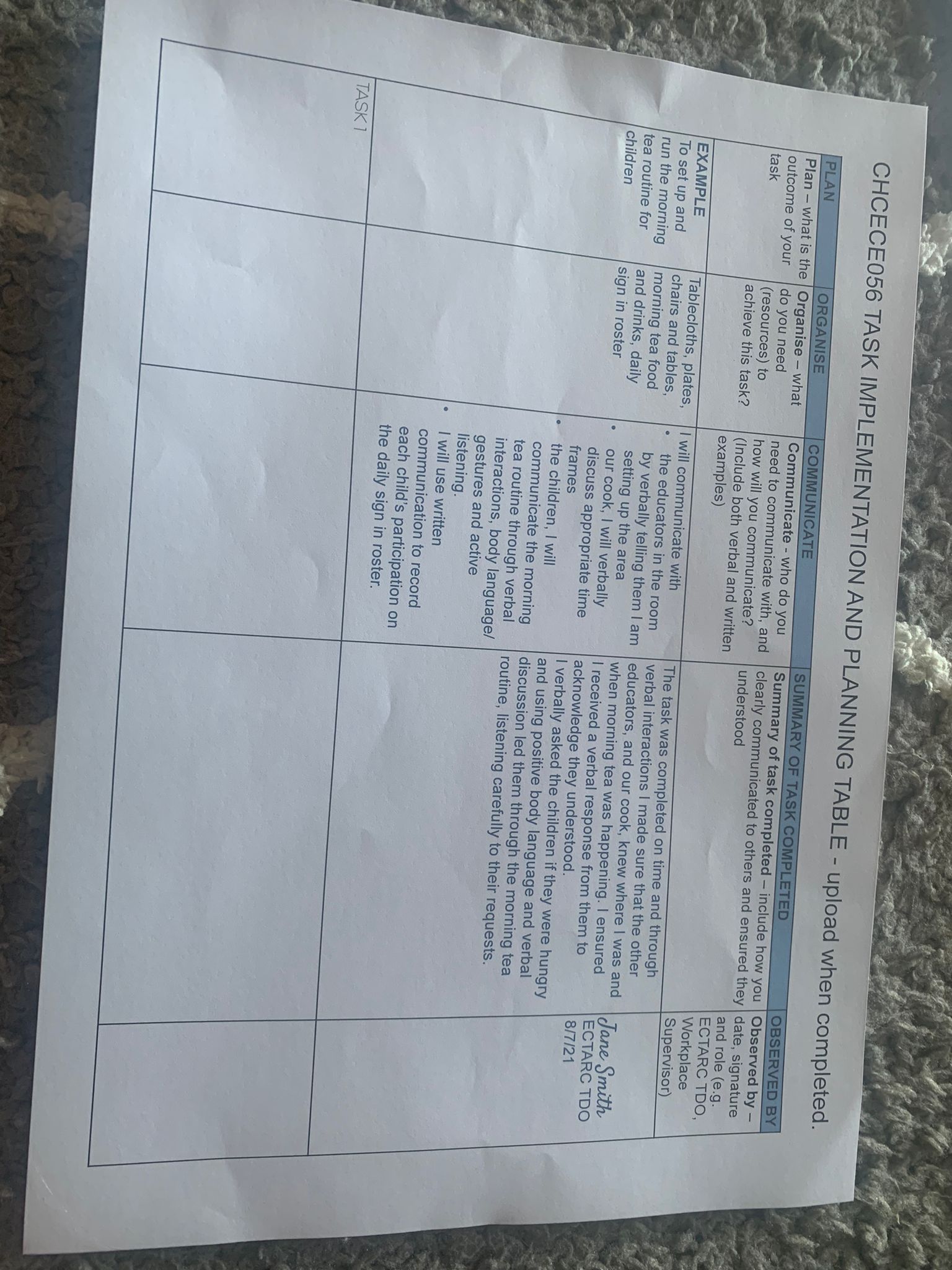 CHCECE056 TASK IMPLEMENTATION AND PLANNING TABLE