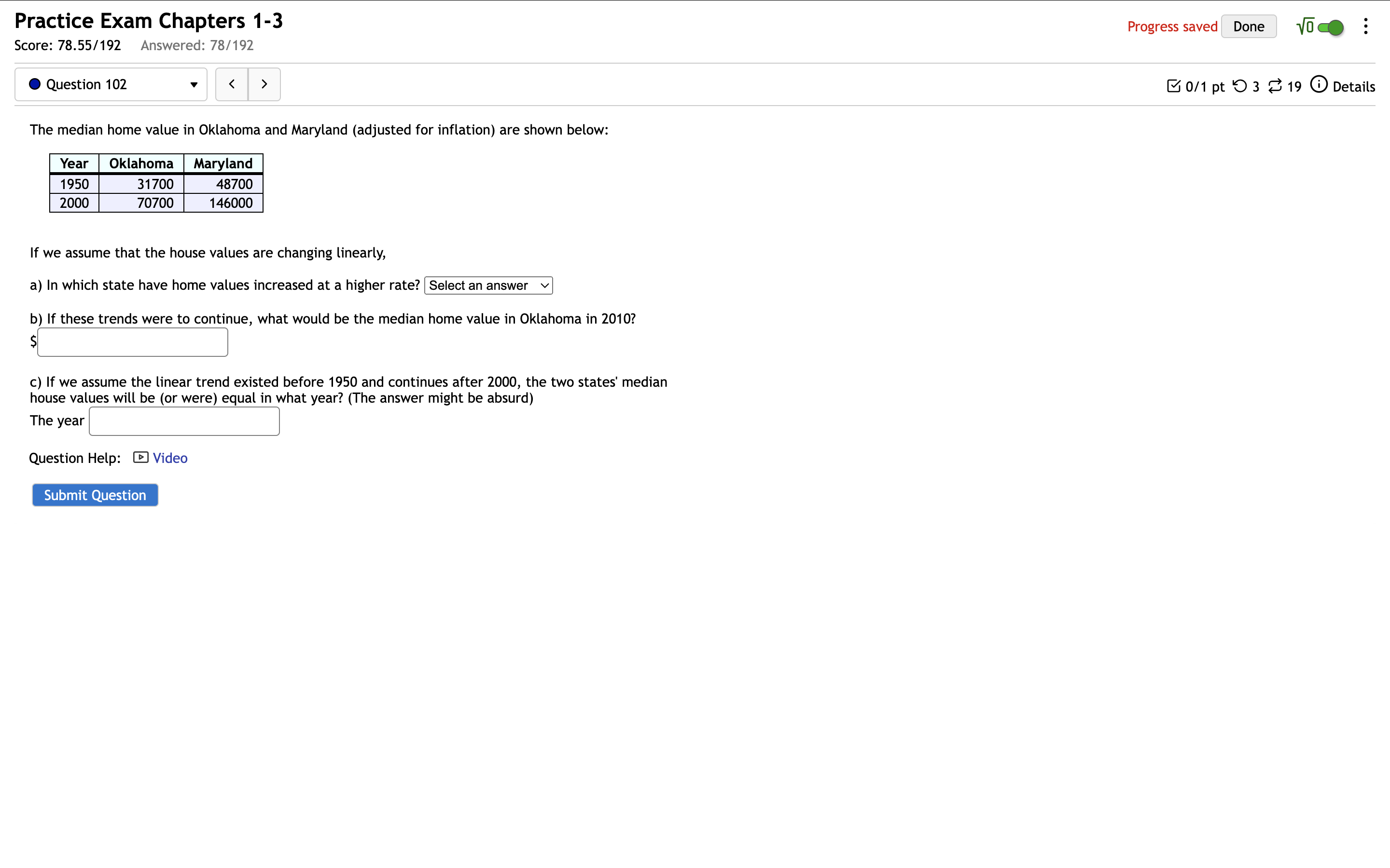 solve Practice Exam Chapters 1-3 Score: 78.55/192