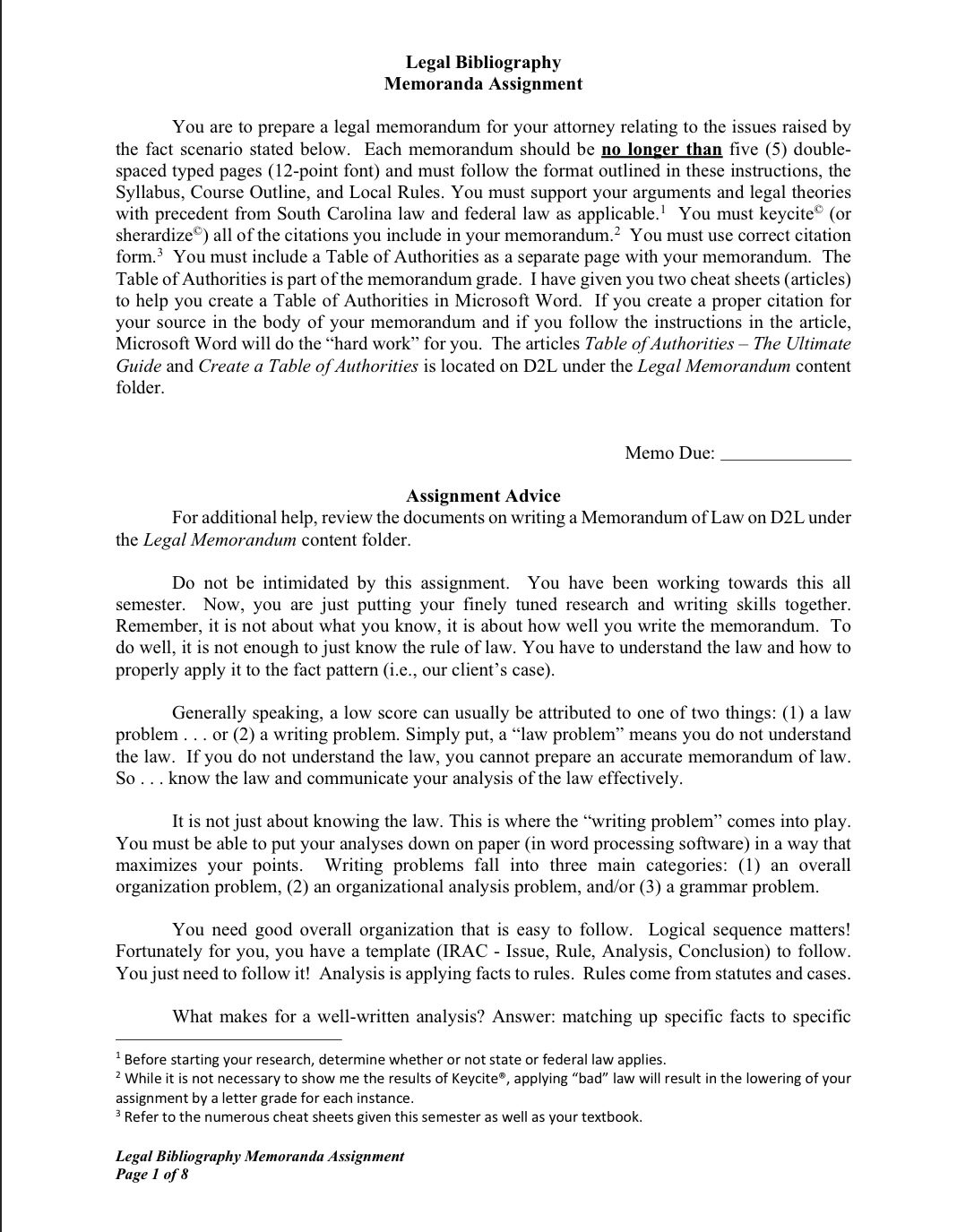 Legal Bibliography Memoranda Assignment The