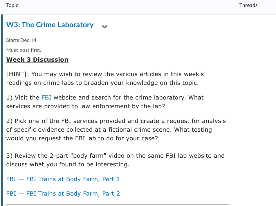 Topic Threads W3: The Crime Laboratory < Starts