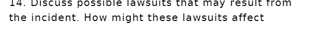 14. Discuss possible lawsuits that may result