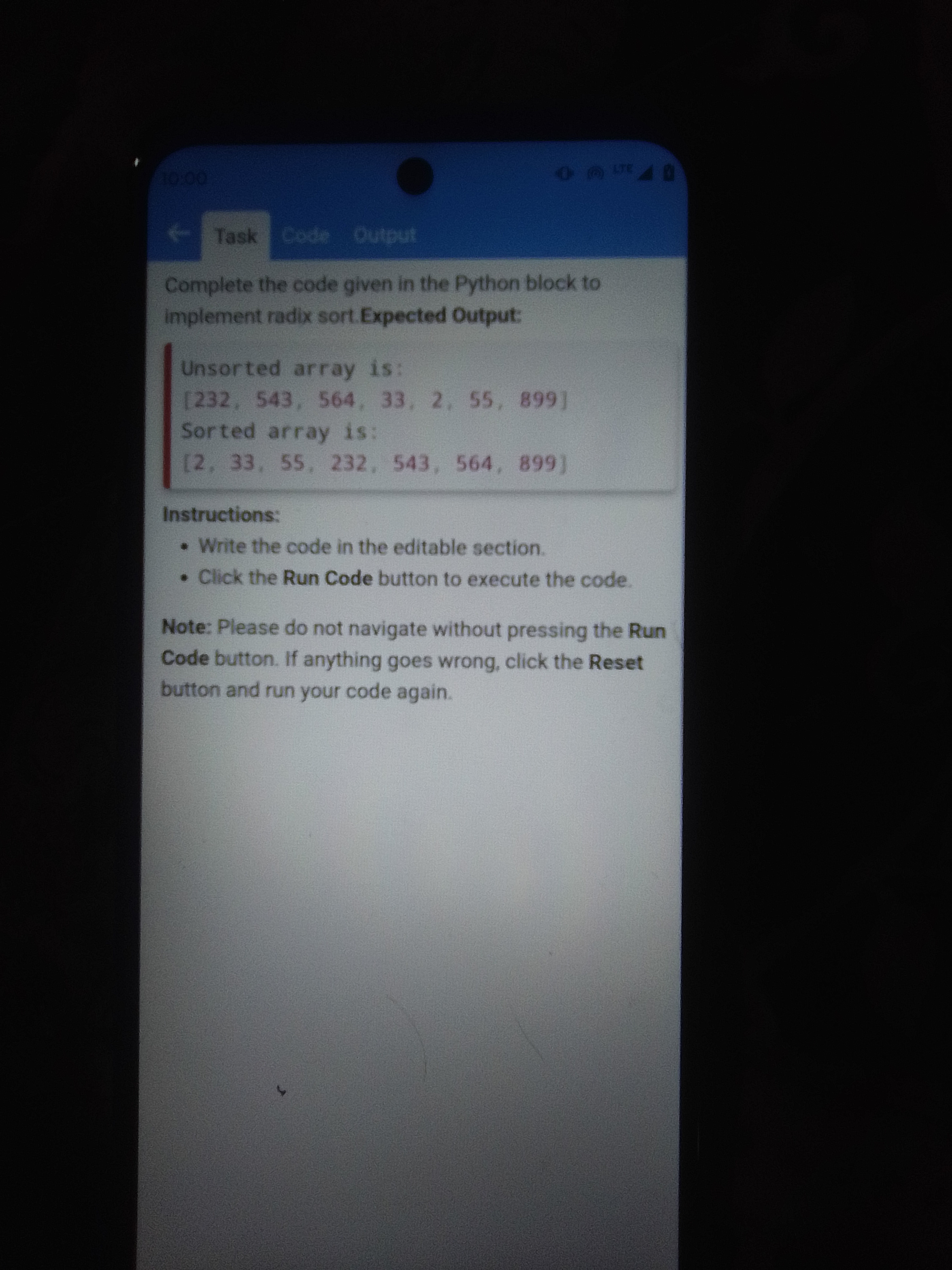 Task Code Output Complete the code given in the