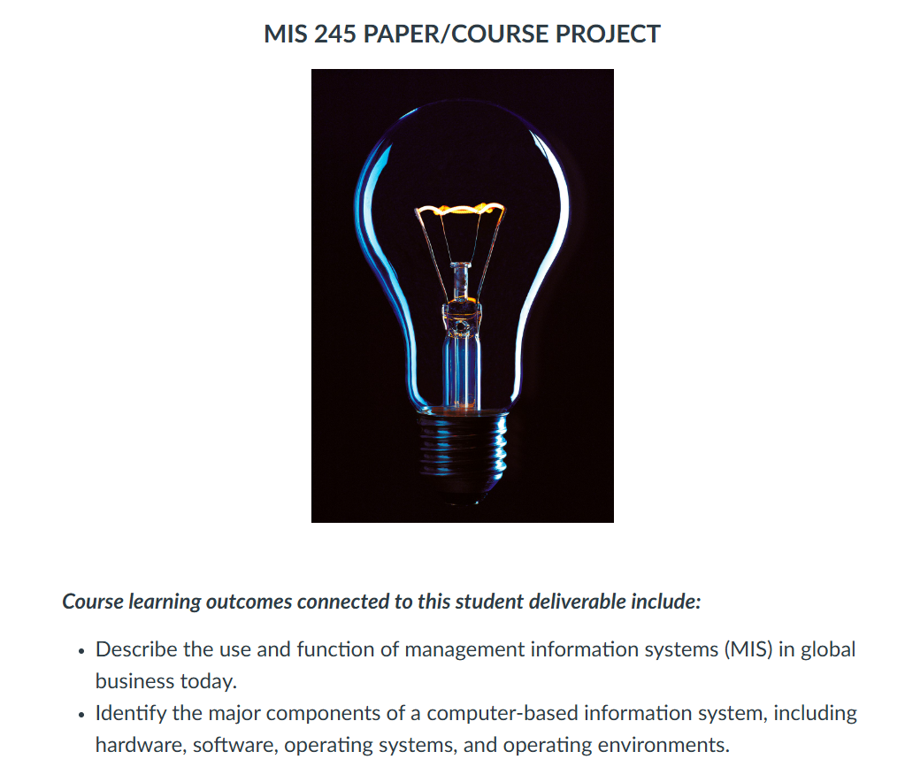 MIS 245 PAPER/COURSE PROJECT Course learning