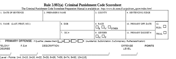 Rule 3.992(a) Criminal Punishment Code Scoresheet