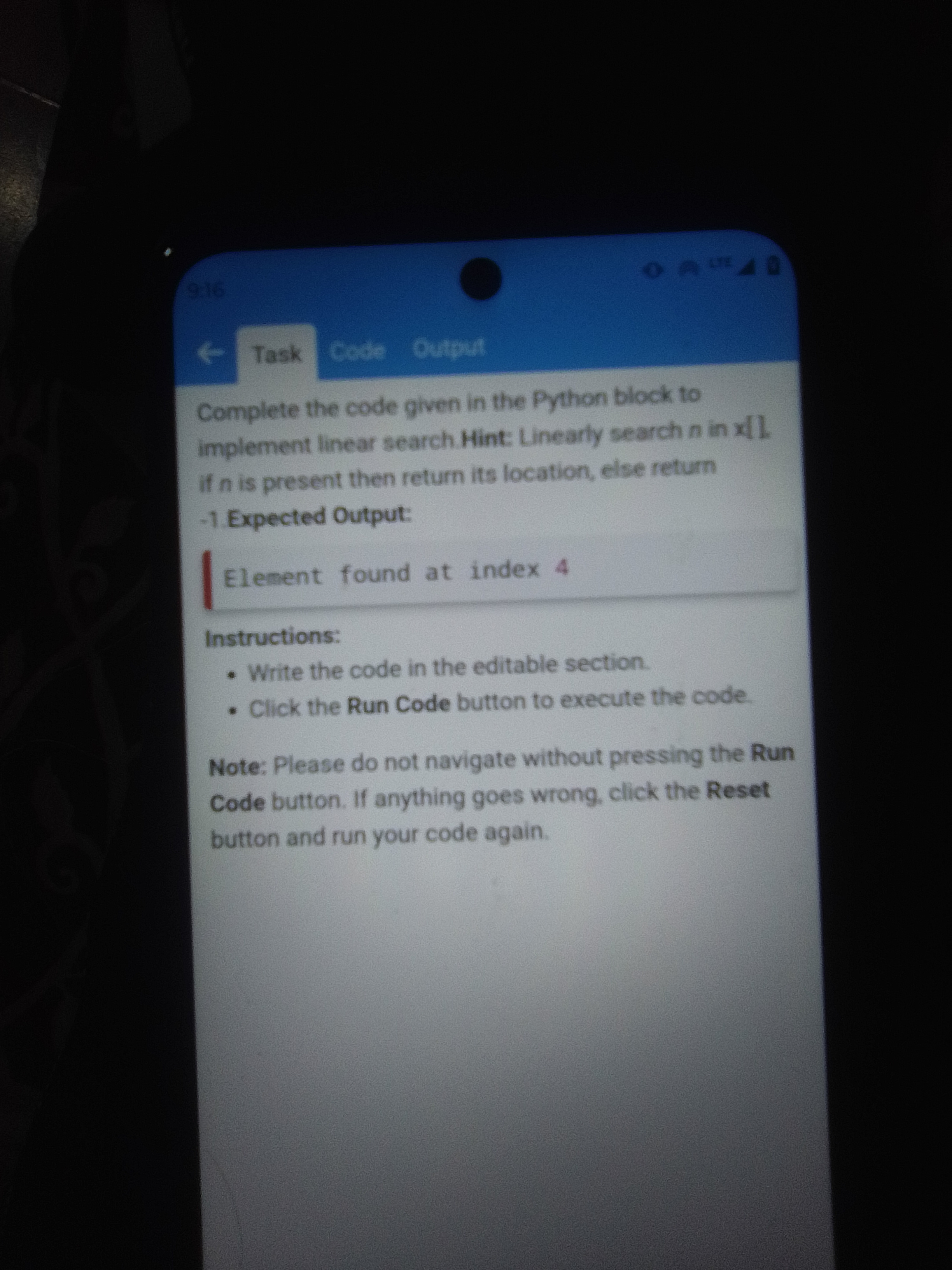 Task Code Output Complete the code given in the