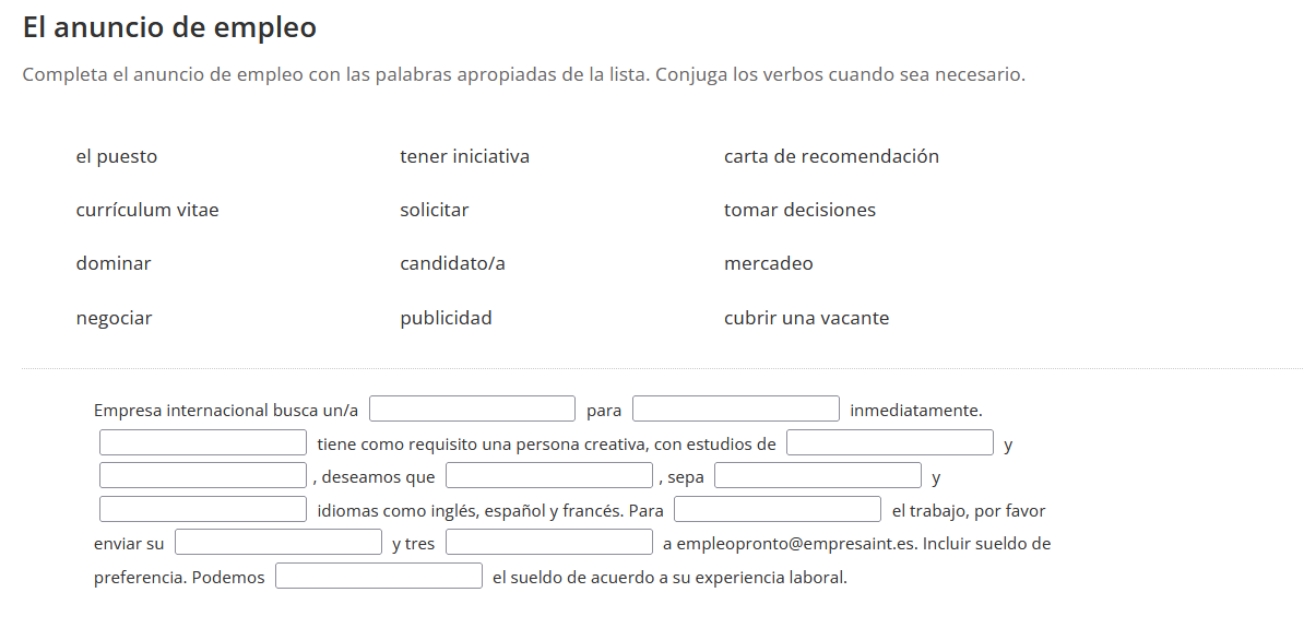 El anuncio de empleo Completa el anuncio de