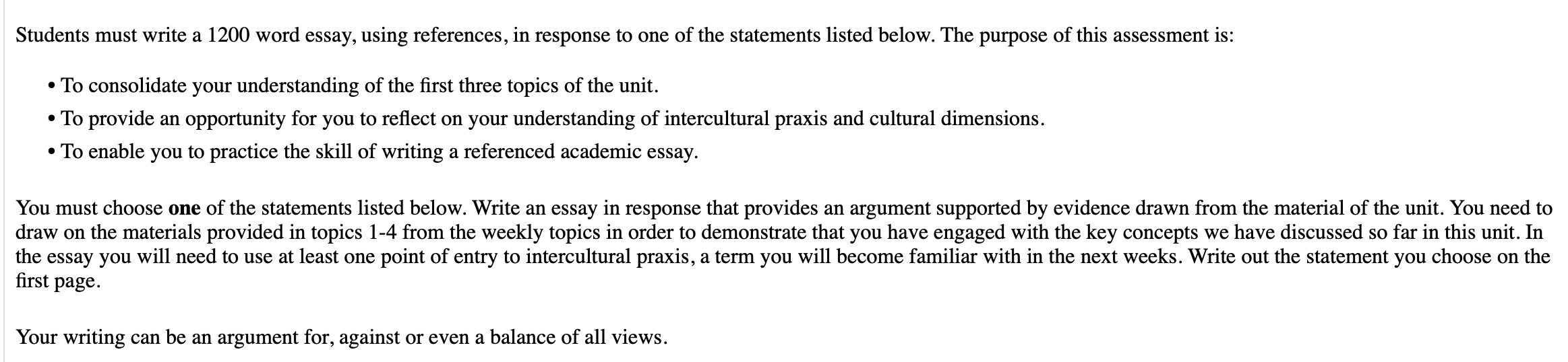 Students must write a 1200 word essay, using