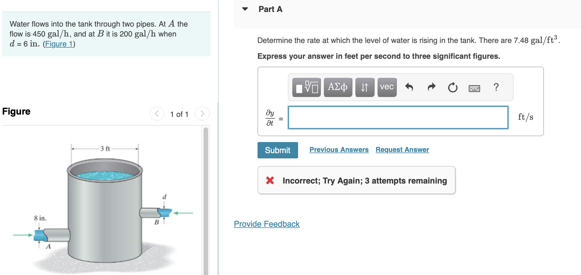Gasoline flows into the tank at A at V4 =6.0m/s,