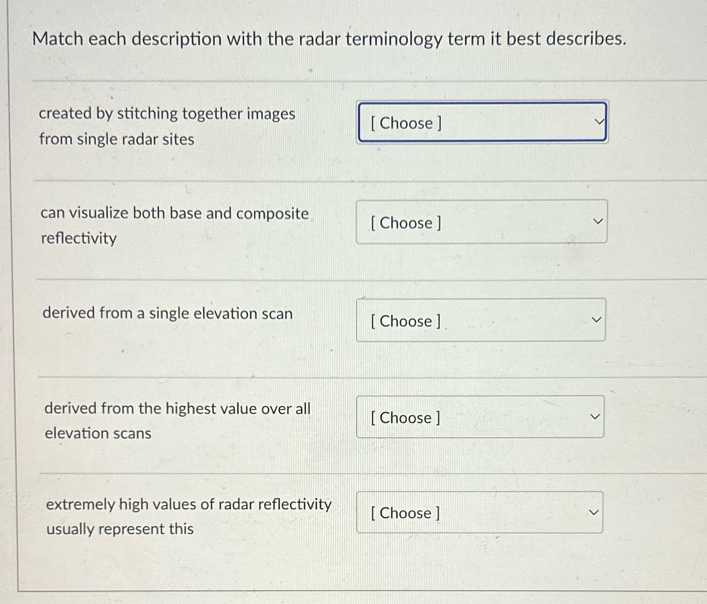 Match each description with the radar terminology