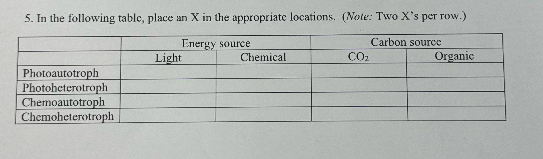 5. In the following table, place an X in the