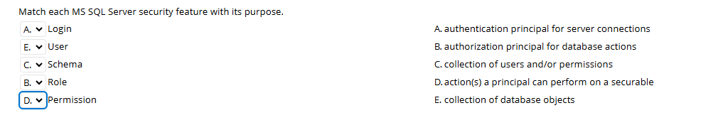 NAWER Match each MS SQL Server security feature