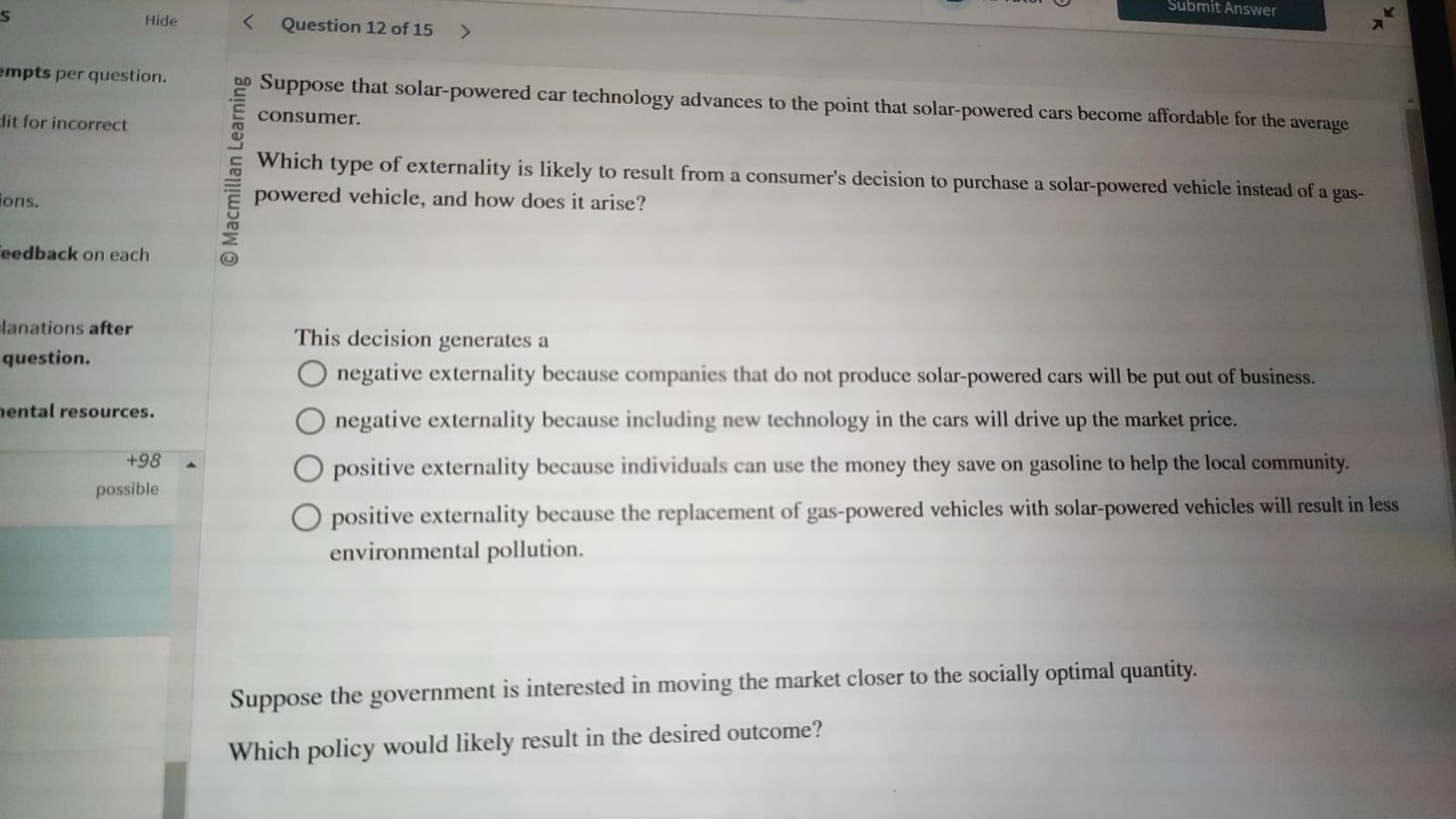 Submit Answer Hide < Question 12 of 15  style=