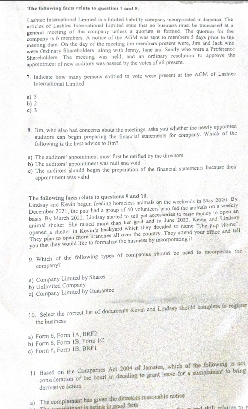 The following facts relate to question 7 and 8.