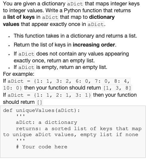 You are given a dictionary aDict that maps