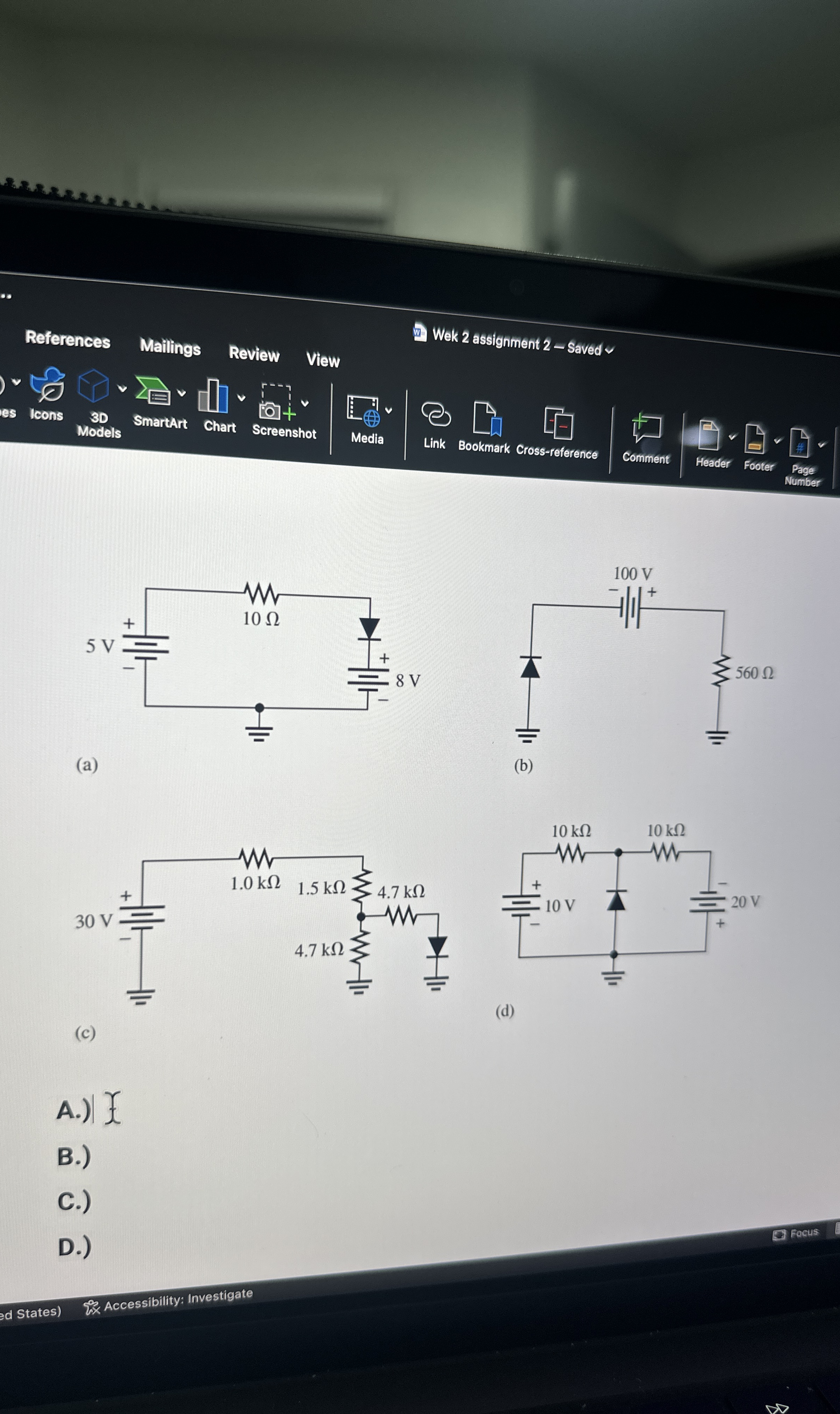 References Mailings Review View ( c ) ( d ) A . )