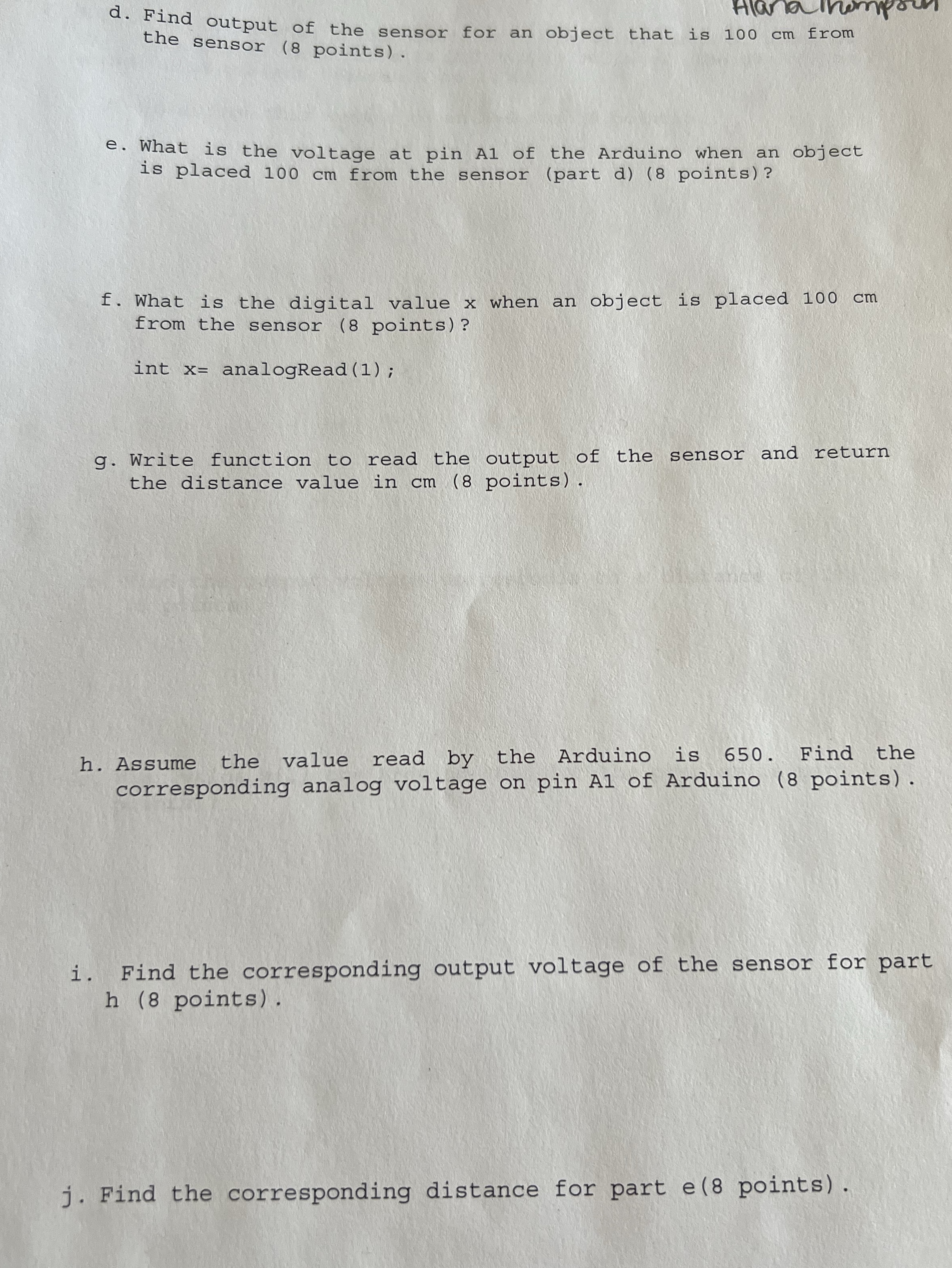 d . Find output of the sensor for an object that