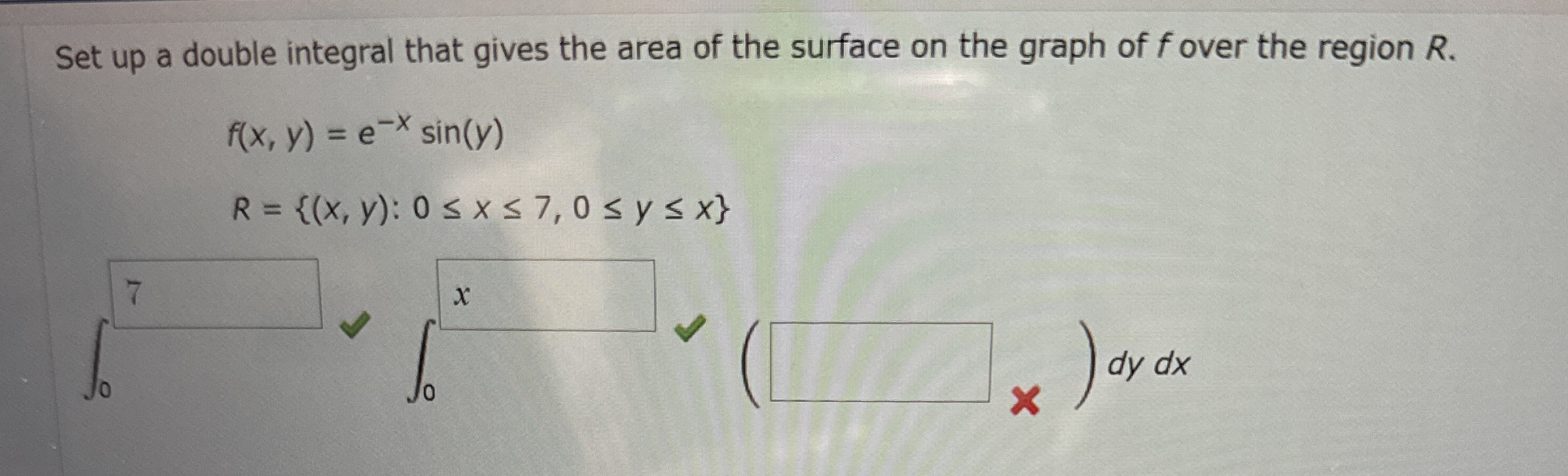 Set up a double integral that gives the area of