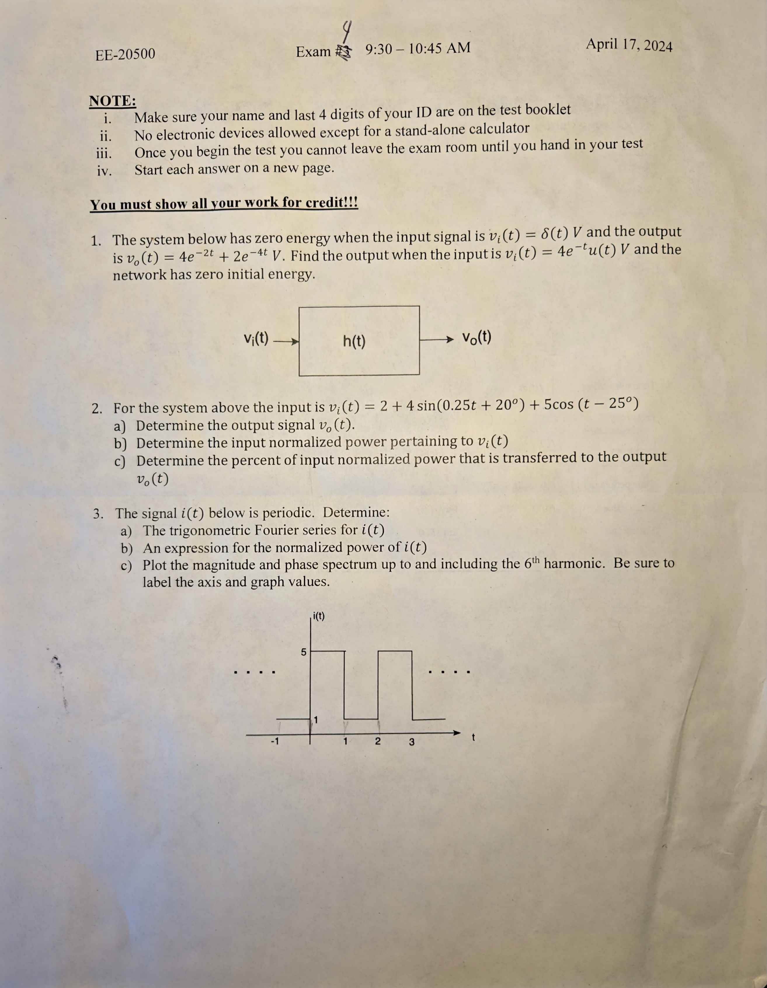 EE - 2 0 5 0 0 Exam 9 : 3 0 - 1 0 : 4 5 AM April
