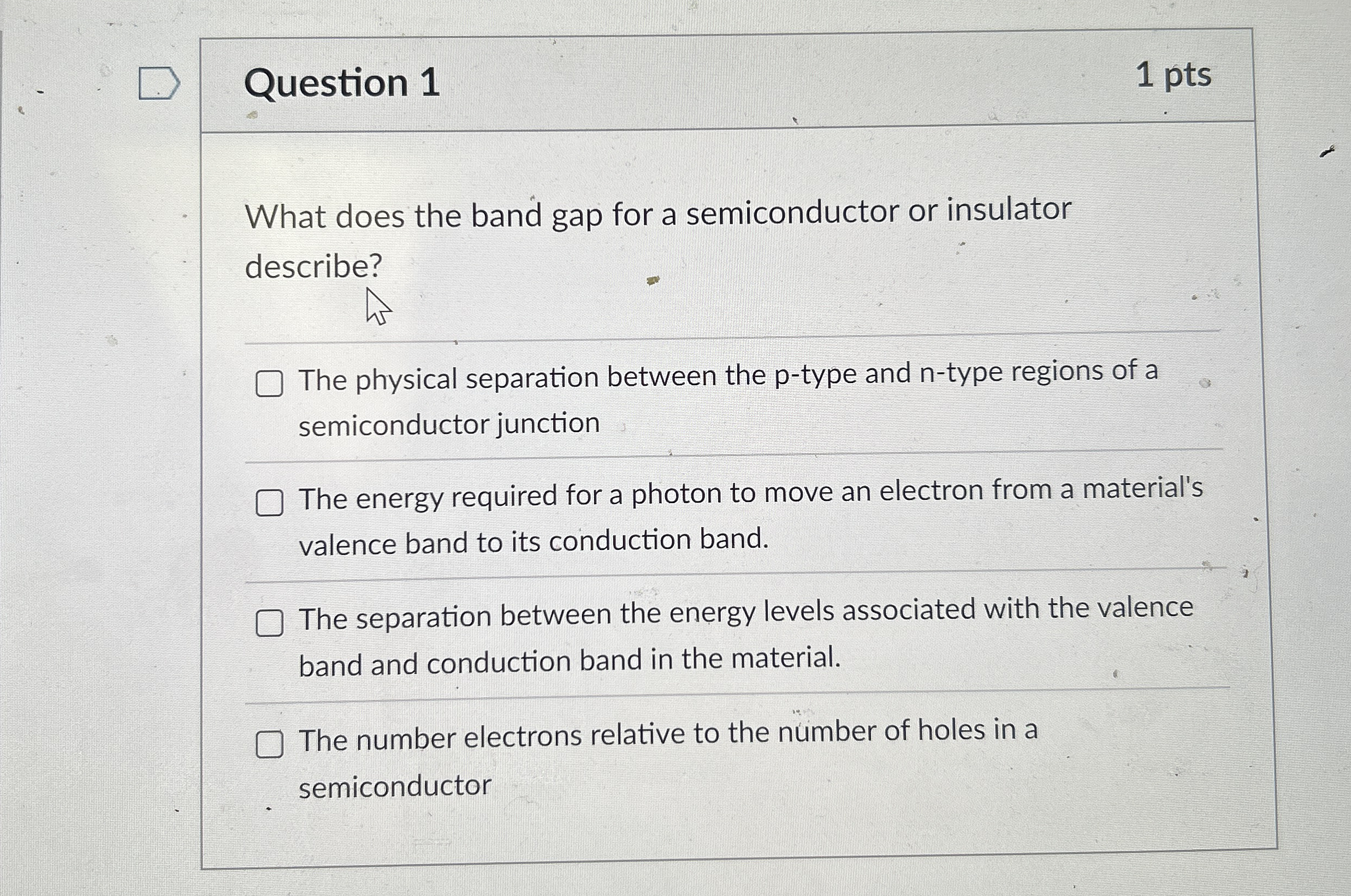 Question 1 1 pts What does the band gap for a