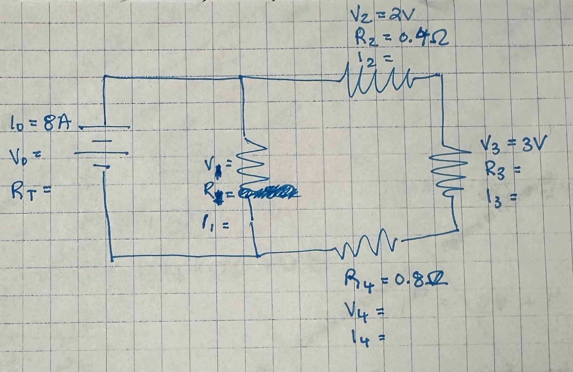 Find V 0 , RT , I 1 , I 2 , I 3 , I 4 , V 1 , V 4