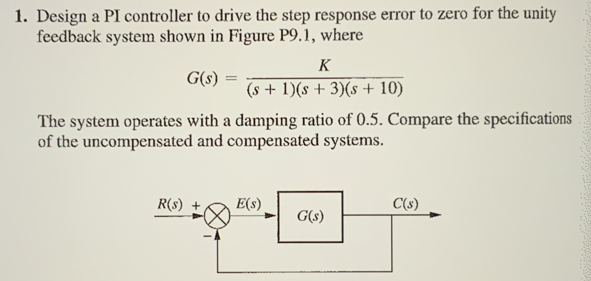 Design a PI controller to drive the step response